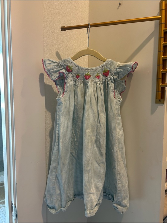 Petit Bebe Other - Petit Bebe Smocked Bishop Dress - Light Blue & White Gingham with Strawberries